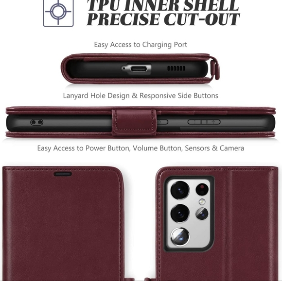 TUCCH Wallet Phone Case for Galaxy S21 Ultra 5G RFID Wine Red New - Picture 8 of 10